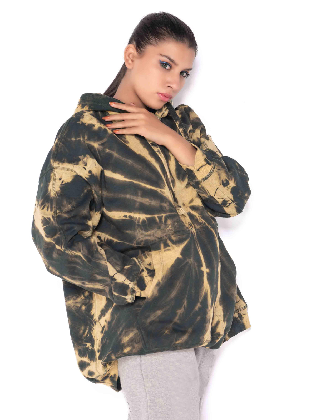 BOTTLE GREEN BEIGE TIE &amp; DYE OVERSIZED PULLOVER HOODIE - ThexactStore